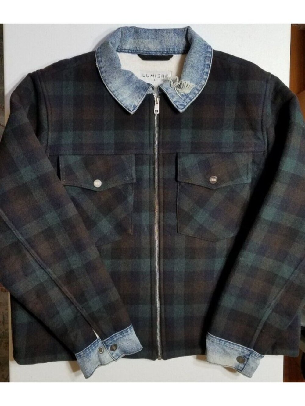 Lumi3re Lumber Jacket Long Sleeve Lined Full Zip Green Plaid Blue Denim Men's L